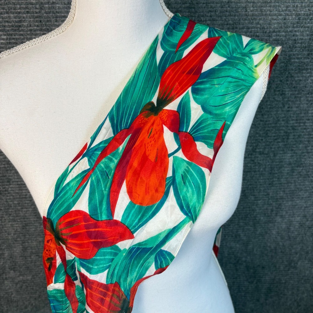 Vintage Liz Claiborne 100% Silk Tropical Floral Scarf Red Green Botanical 1989 - Picture 3 of 5